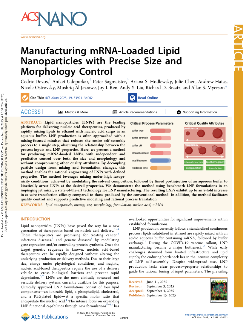 Devos et al.   2025   Manufacturing mRNA Loaded Lipid Nanoparticles with Precise Size and Morphology Control first page