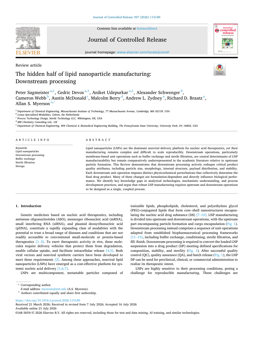 Sagmeister et al.   2026   The hidden half of lipid nanoparticle manufacturing Downstream processing first page